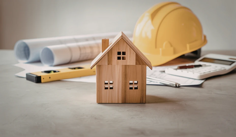 Scène d'intérieur avec professionnel en costume tenant une maquette de maison miniature dans une main et des clés dans l'autre, suggérant une transaction immobilière ou remise de propriété