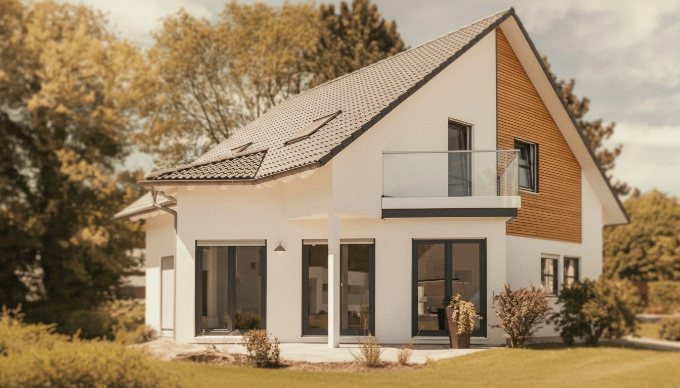 Chantier de construction résidentielle en cours, charpente traditionnelle en bois avec poutres apparentes, murs en briques rouges partiellement montés