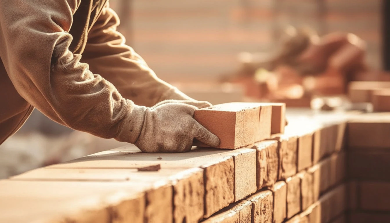 Ouvrier ma&ccedil;on en uniforme de travail construisant un mur en briques rouges &agrave; l'int&eacute;rieur d'un b&acirc;timent en construction