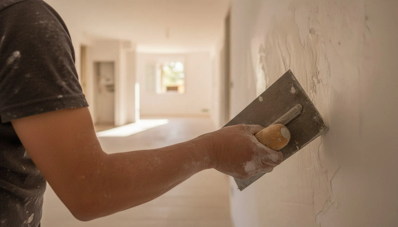 Intérieur moderne en cours de rénovation avec escalier suspendu, salon ouvert et salle à manger