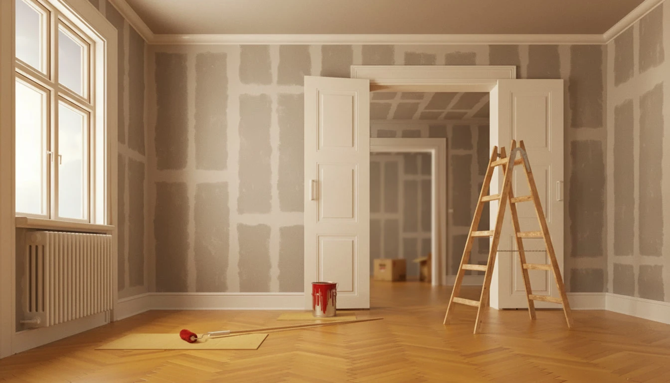 Intérieur résidentiel moderne, personne mesurant l'épaisseur d'une planche de bois avec un mètre ruban jaune