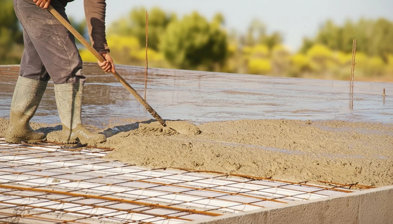 Ouvrier maçon en tenue de sécurité avec casque orange construisant un mur en briques rouges sur un chantier extérieur, appliquant du mortier avec une truelle