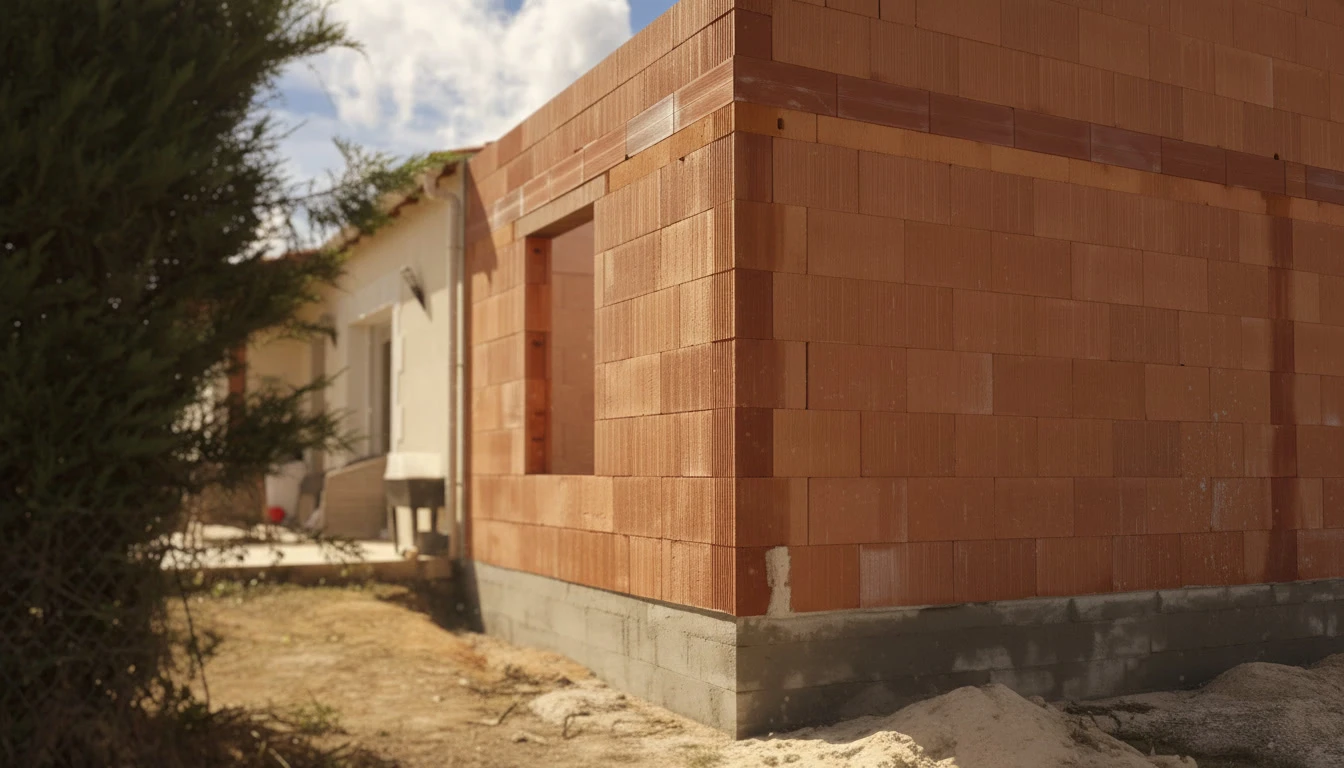 Ext&eacute;rieur r&eacute;sidentiel avec chemin&eacute;e en brique rouge sur toiture en bardeaux de bois