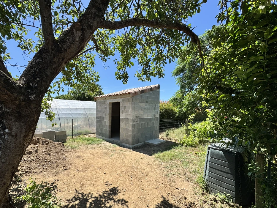 Jardin résidentiel en automne avec portail en pierre naturelle ouvert, pelouse partiellement dégradée, arbre à feuillage jaune doré au centre, haies taillées et cyprès